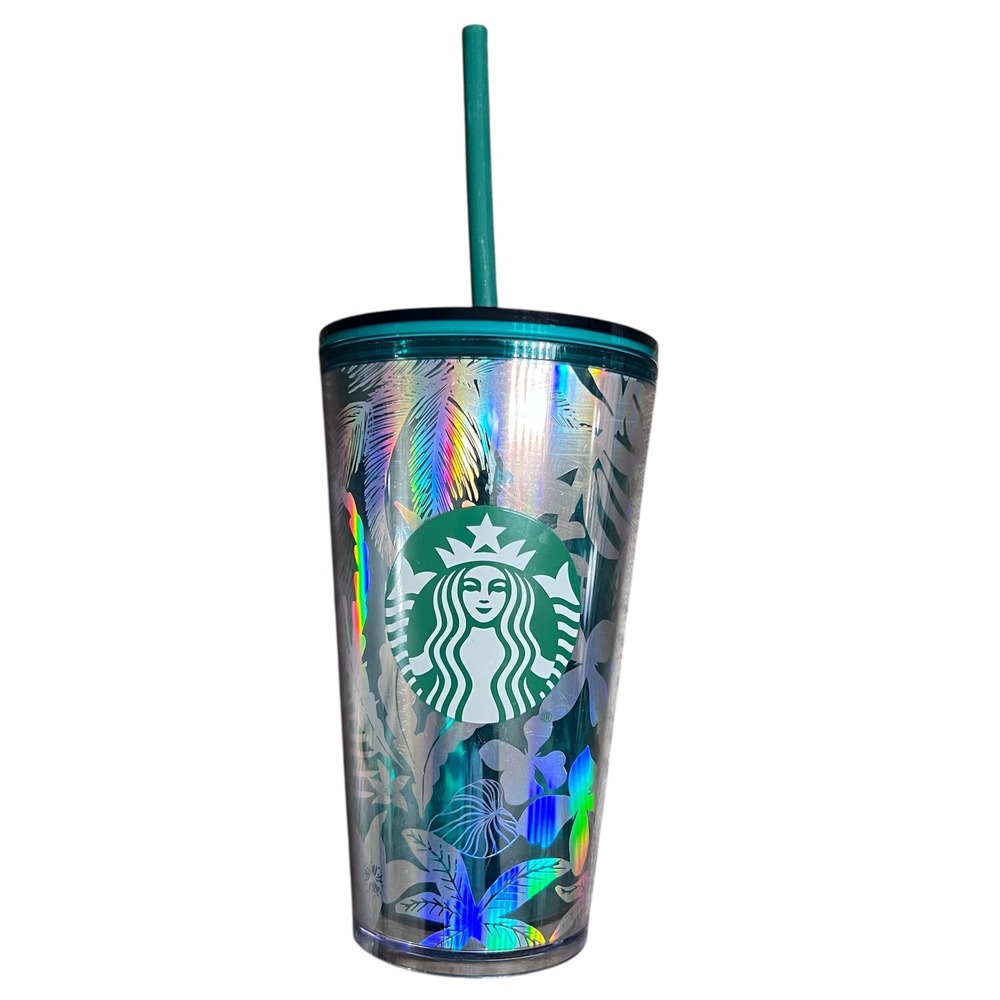 Starbucks Tumbler Teal Holographic‎ Floral Palm Leaves 16 fl oz